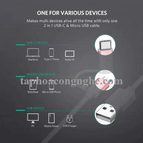 Ugreen 30542 0.5M màu Hồng Cáp USB-A sang Micro USB + USB-C cao cấp US177 30030542